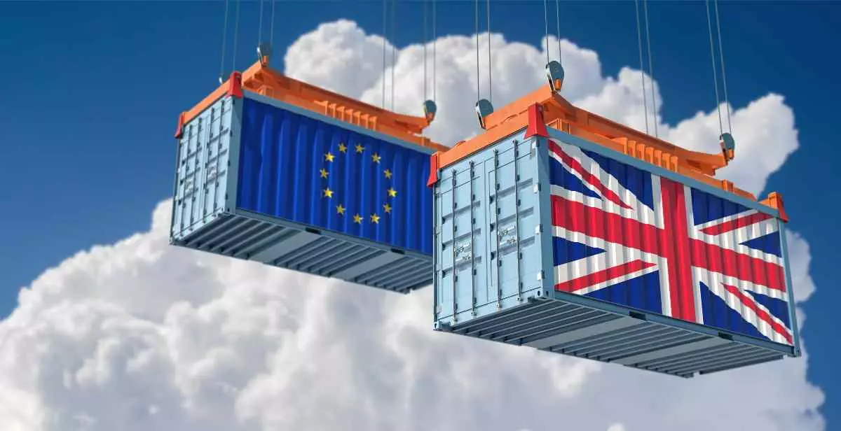 Freight containers in the air painted with the UK and EU flags