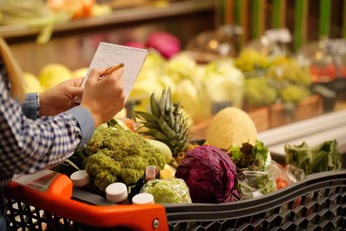 Shopper holding list next to full cart. 