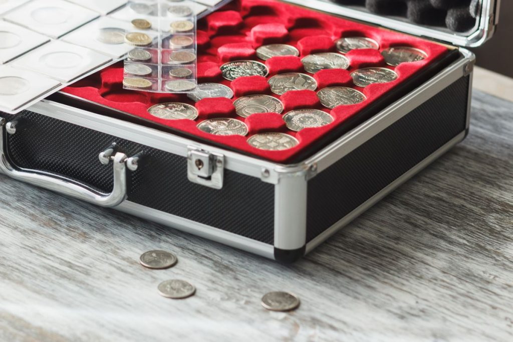 Coin collection in briefcase.